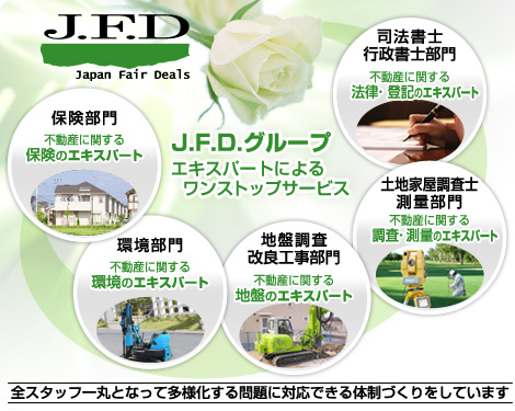 J.F.Dグループのエキスパートによるワンストップサービス|司法書士行政書士部門、土地家屋調査士測量部門、地盤調査改良工事部門、全スタッフ一丸となって多様化する問題に対応できる体制づくりをしています。